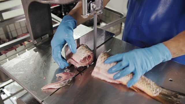 Worker filleting fish on an industrial processing table.
