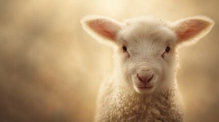 Obraz premium Close up portrait of a white lamb with golden backlighting. Symbolic Lamb of God for Easter. Religious and sacred concept of purity and innocence. Copy space for text