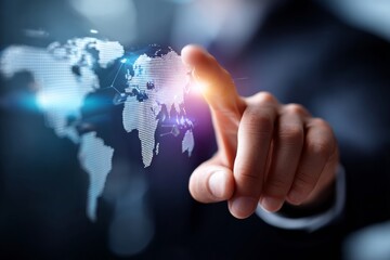 Fototapeta premium Businessman Interacts With Digital Touchscreen Displaying Global Map in High Resolution