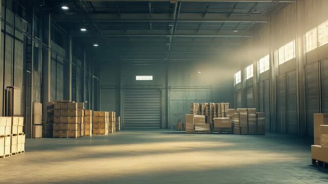 Large industrial warehouse interior with rows of palletized cardboard boxes on concrete floors and high windows letting sunlight in, evoking global logistics and distribution