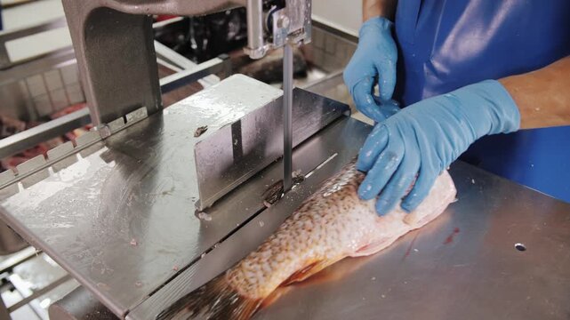 Worker in blue gloves uses a band saw to cut fresh carp into pieces at a fish processing plant.