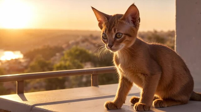 Abyssinian kitten sitting on a balcony ledge at sunset. Young purebred cat looking around during golden hour. Warm sunlight and blurred landscape background