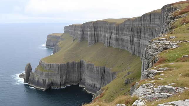 cliffs on the south Shetland coast near Sumburgh Head - the bedrock in this is the Bressay Flagstone Formation - sandstone and argillaceous rocks which are interbedded.