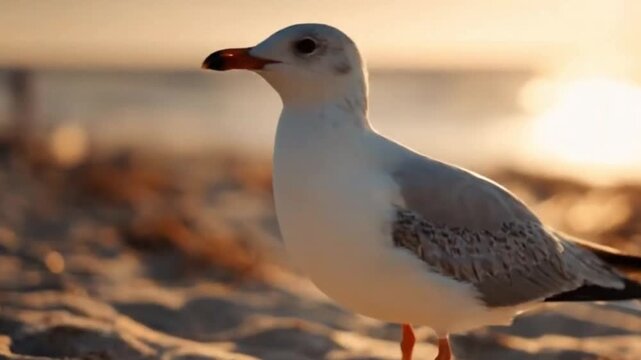 A majestic seagull stands gracefully on a pristine sandy beach during the serene golden hour. The warm, soft light of the setting sun casts a tranquil glow, creating a beautiful bokeh effect in the bl