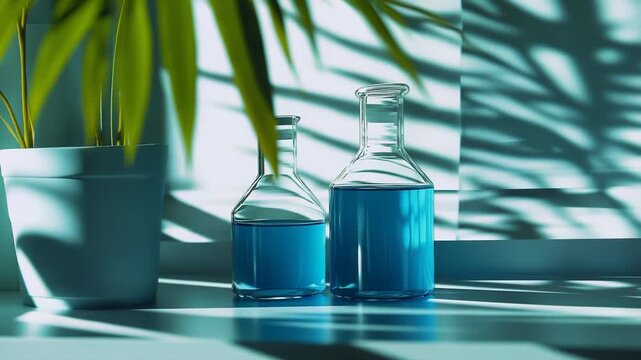 Clear glass science flasks containing vibrant blue liquid are sitting on a counter, receiving bright sunlight with botanical leaf shadows casting interesting patterns on the background wall