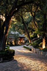 Fototapeta premium A charming path winds its way to a rustic stone house, enveloped by lush trees and vibrant greenery, all bathed in the warm glow of the evening light