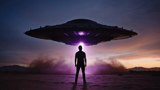 Dramatic silhouette of a man standing beneath a hovering UFO in a desolate landscape at dusk