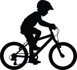 Naklejka premium Black Silhouette of Child Riding Bicycle, Silhouette Drawing Flat Vector Illustration for Kids SportBlack Silhouette of Child Riding Bicycle, Silhouette Drawing Flat Vector Illustration for Kids Sport