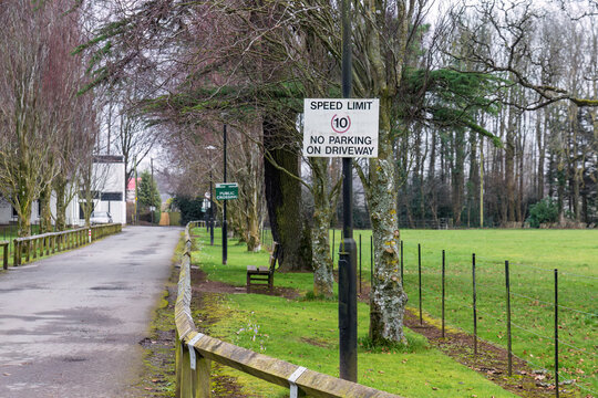 Speed limit and no parking sign beside park access road