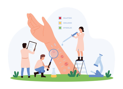 Allergy test on skin of patient, allergology. Tiny people with magnifying glass research allergic symptoms on different types of allergens, medical examination of allergist cartoon vector illustration