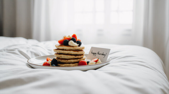 Happy thursday breakfast tray on bed with pancakes strawberries and cozy morning light