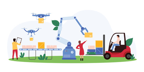 Automation of loading and distribution of goods in factory warehouse, smart manufacturing process. Tiny people and robotic arm load boxes from conveyor belt to forklift cartoon vector illustration © Flash Vector