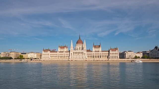 Hyper lapse panorama Budapest Parliament and Danube river.