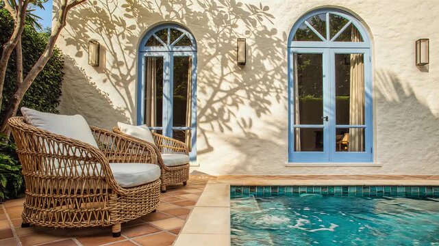 Luxurious poolside wicker chairs near a serene swimming pool.