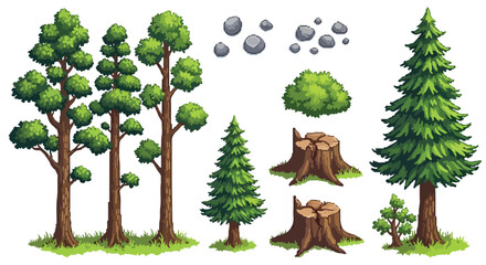 A vibrant set of cartoon-style forest assets featuring deciduous and coniferous trees, lush bushes, rocks, and weathered tree stumps. © Aqil Art