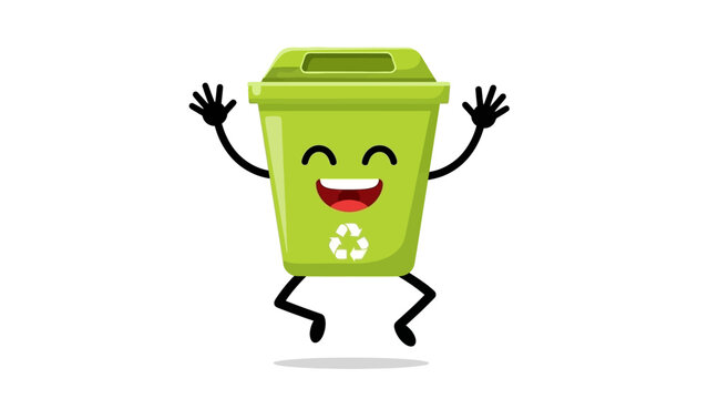Happy Green Recycling Bin Mascot Joyfully Jumping, Symbolizing Environmental Protection, Sustainable Waste Management, and Eco-Friendly Practices for a Cleaner Future