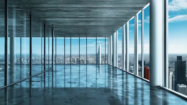 Empty modern spacious office interior featuring towering glass windows, overlooking a panoramic city skyline and clear bright sky, creating a feeling of openness and future opportunities