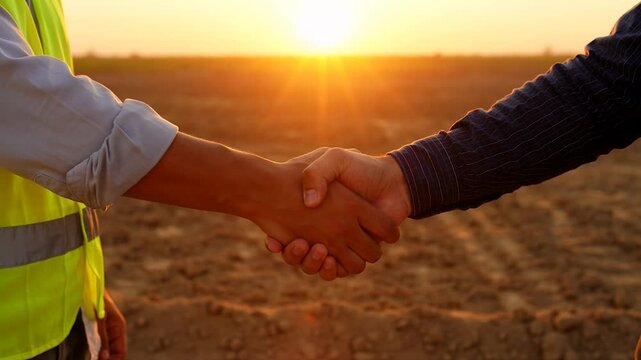 Two people shaking hands in a field at sunset with a worker wearing a safety vest