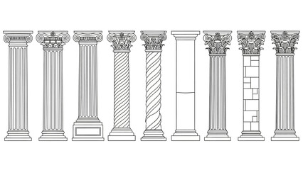 Naklejka premium Classical Architectural Columns Line Art Collection Featuring Various Ancient Greek and Roman Pillar Styles and Historical Building Elements for Design and Education