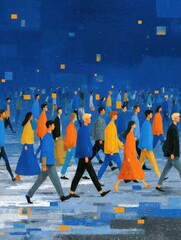 Obraz premium Busy crowd illustration in expressive blue gouache with textured pastel accents and glowing abstract light for urban life and community concepts.