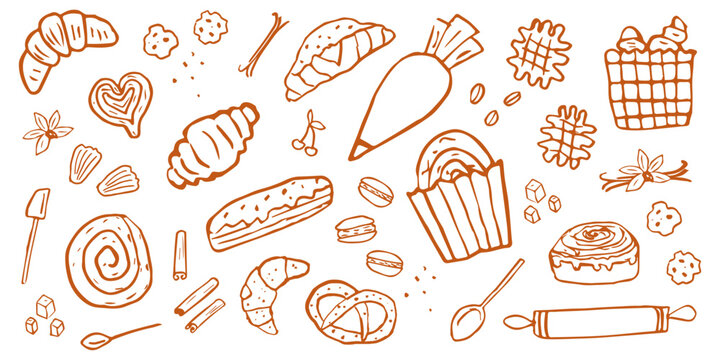 Whimsical baking set with bread and tools in sketch style. Bakery. Hand drawn and chalked cookies, barolls, pies, cakes, pastries. Vintage template with pastries sketch. Fresh bakery. Shop.