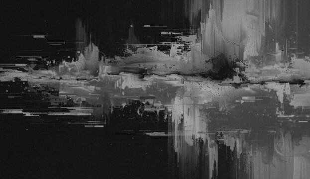 Black and white glitch effect background with distorted grunge texture and digital noise corruption