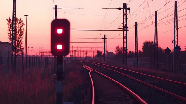 Railway signal illuminating with red warning lights at a track junction. With multiple rail lines converging under a vibrant pink and orange evening sky. Highlighting infrastructure and transportation