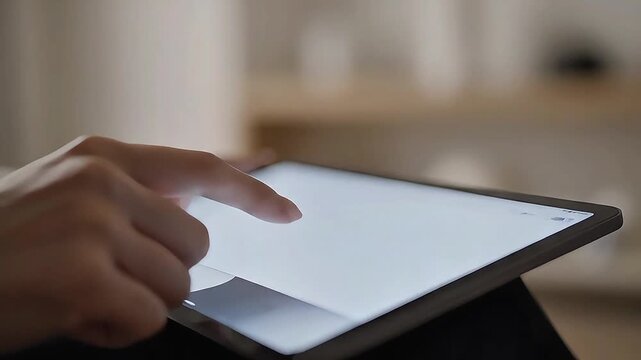 Close up of hand touching digital tablet screen in blurred indoor background