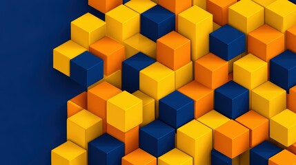 Obraz premium A 3D abstract pattern of interlocking cubes in shades of yellow, orange, and dark blue on a deep blue background.