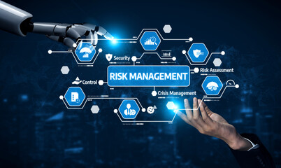 Naklejka na ściany i meble This image depicts a high-tech interface for risk management, showcasing interaction between a robotic arm and a human hand in a digital landscape emphasizing security and assessment. Tessel