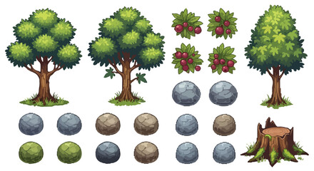 A collection of stylized vector assets for nature scenes, featuring various trees, berry bushes, rocks, and a tree stump in a game art style. © Aqil Art