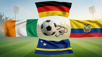 Fototapeta premium Flags representing different countries, including football and whistle elements
