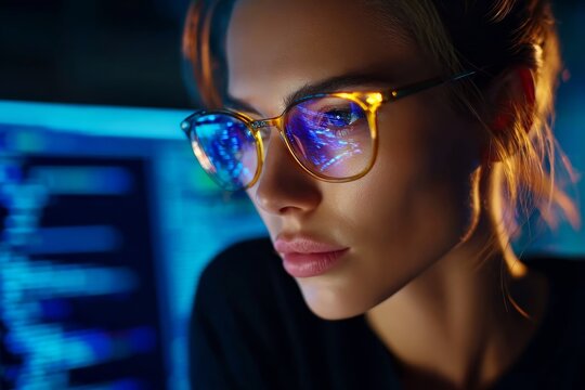 Female Programmer Works on AI Algorithm With Code Reflections Seen in Glasses on a Close-Up View During Evening Hours