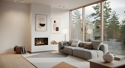 Fototapeta premium Modern Scandinavian Living Room Interior with Fireplace – Minimalist Nordic Design, Natural Wood and Neutral Decor