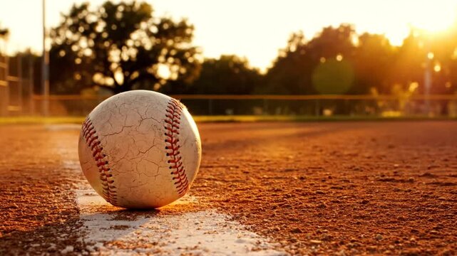 Baseball resting on the white foul line of a baseball field with the golden sunlight of the setting sun shining in the background