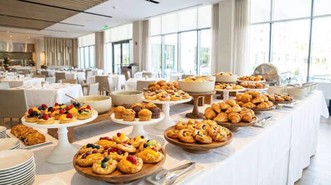 Hotel buffet with assorted pastries, featuring fresh croissants and colorful fruit tarts on elegant tables. Buffet offers delightful pastries and sweet treats