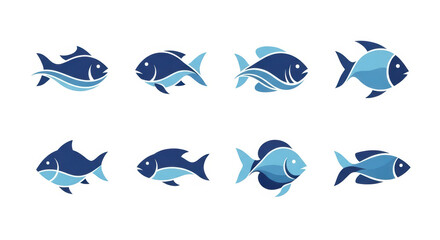 Obraz premium Fish icons set, blue aquatic animals symbols