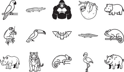 Naklejka premium Line art array of diverse wildlife.