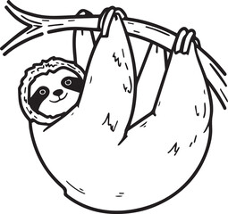 Naklejka premium A charming sloth gracefully hangs from a tree branch, the minimalist illustration captures the adorable features of the sloth.