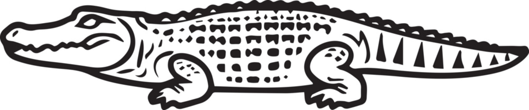 A stylized illustration of an alligator showcases sharp teeth and scaly texture, the image captures the reptile's distinct features in monochrome. 