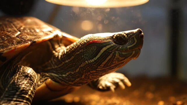 Close up view of a red-eared slider turtle under a warm, illuminating lamp in captivity
