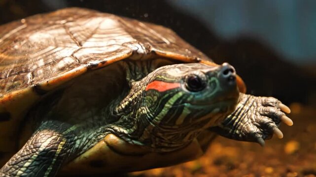 Close-up of a red-eared slider turtle with vibrant shell pattern in its aquarium home