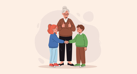 Happy Grandmother Encouraging Kids to Make Peace and Shake Hands Illustration