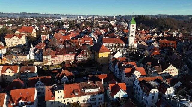 Aerial Sunrise View of Wangen im Allg&auml;u Rathaus with Alps