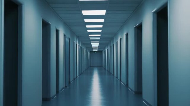 Endless long empty corridor with symmetrical arrangement of identical closed doors and bright overhead lights creating a sterile, institutional atmosphere