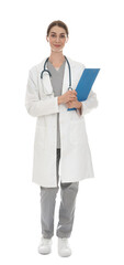 Fototapeta premium Doctor with stethoscope and clipboard wearing uniform on white background
