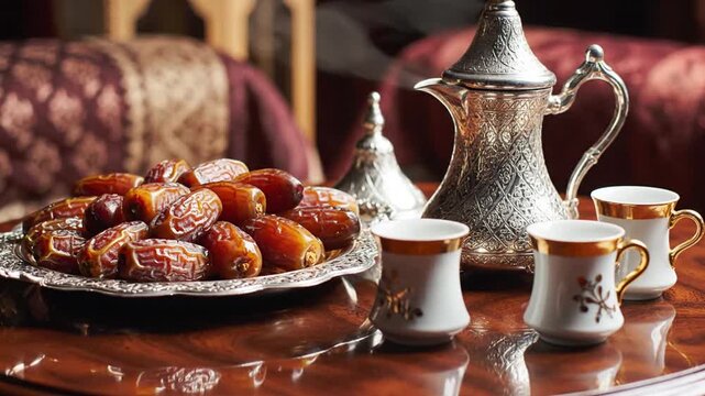 Traditional Arabic coffee set with dates on a wooden table
