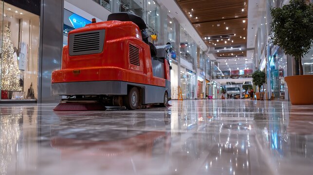 Ride on floor scrubber cleaning shiny shopping mall interior. AI generated image
