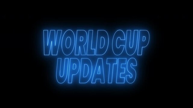 Neon blue words world cup updates text animation on black. 4k animated typography suitable for opener videos, sports blogs, social media posts, event promotions.