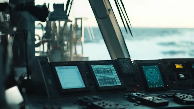 Ship bridge with multiple electronic display screens showing navigation data and radar information, providing a clear view of the open ocean from the vessel's control station